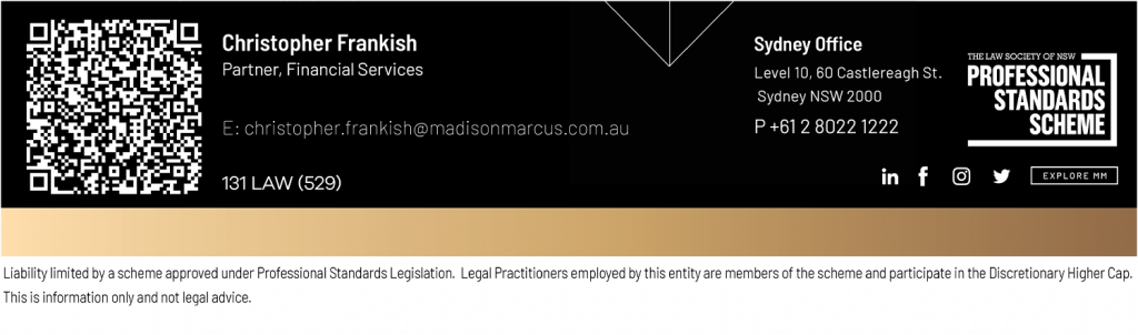 Business card footer for Christopher Frankish, Partner in Financial Services at Madison Marcus law firm in Sydney, featuring contact details, QR code, and Professional Standards Scheme badge. 