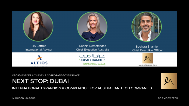 Panel of international business and legal experts discussing Dubai expansion and compliance for Australian tech companies, featuring representatives from Altios, Dubai Chamber, and Madison Marcus.