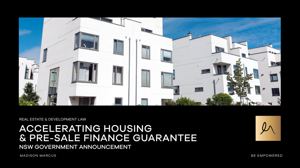 Modern medium-density housing complex representing developments eligible for NSW Pre-Sale Finance Guarantee, promoted by Madison Marcus.