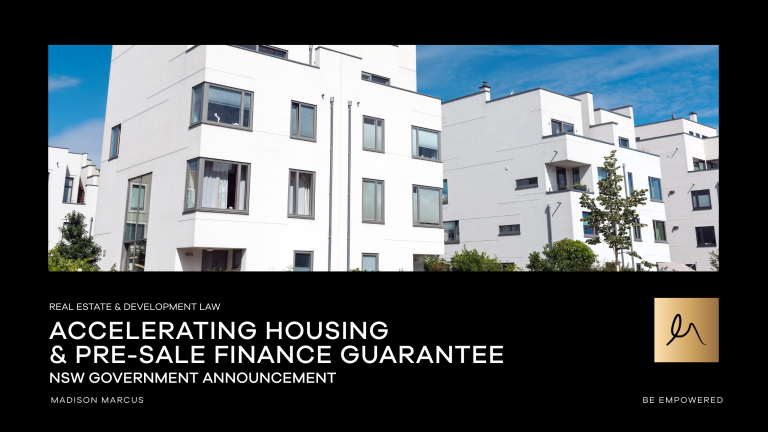 Modern medium-density housing complex representing developments eligible for NSW Pre-Sale Finance Guarantee, promoted by Madison Marcus.