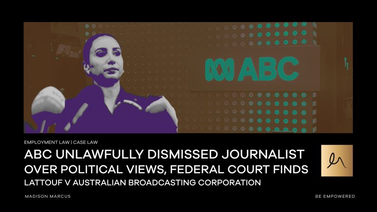 ABC unlawful dismissal case image featuring journalist and ABC logo, referencing Federal Court ruling on political opinion under the Fair Work Act.