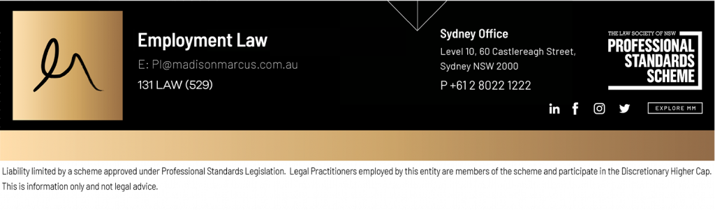 Black and gold branded footer for Madison Marcus Employment Law division, displaying contact information, office location, social media icons, and accreditation under the Law Society of NSW Professional Standards Scheme.