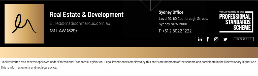 Madison Marcus Real Estate & Development – Sydney office contact details including logo, email, phone, address, social media links, and Professional Standards Scheme accreditation.