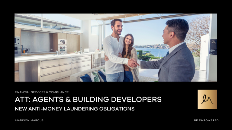 Real estate agent shaking hands with a smiling couple inside a modern waterfront home, representing new anti-money laundering obligations for agents and building developers in Australia.