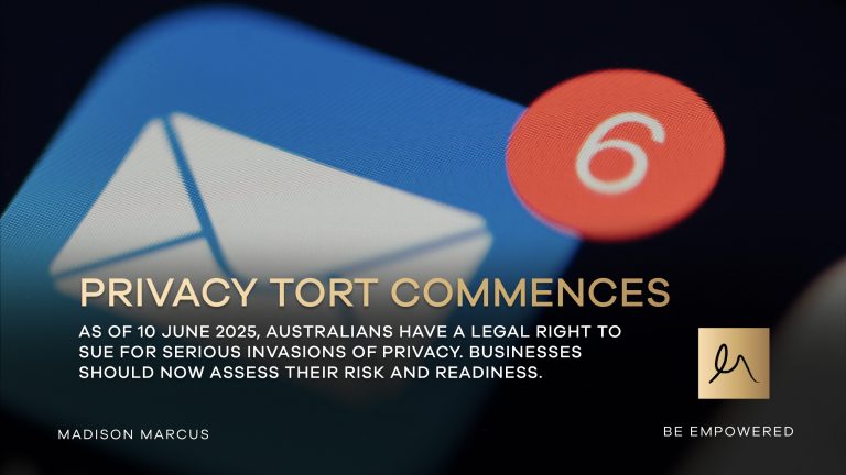 Email notification icon with red alert bubble symbolising digital communication. Text overlay reads “Privacy Tort Commences – As of 10 June 2025, Australians have a legal right to sue for serious invasions of privacy. Businesses should now assess their risk and readiness.”