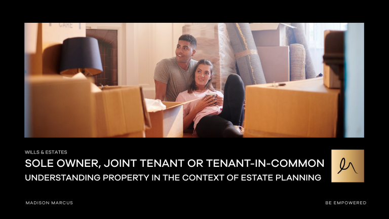 A young couple sits on the floor surrounded by moving boxes, smiling and relaxing during a house move. The text overlay discusses types of property ownership in the context of estate planning, including sole ownership, joint tenancy, and tenancy-in-common.