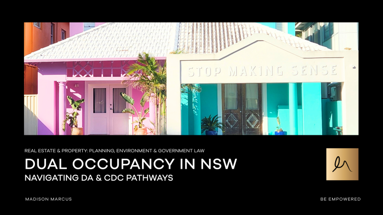 Colourful dual-occupancy homes in Bondi Beach, New South Wales, one pink and one turquoise, with bold architectural contrast, promoting a legal guide on navigating DA and CDC pathways by Madison Marcus.