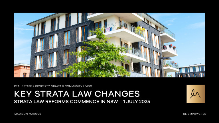 Modern apartment buildings with balconies, featured in a promotional graphic for key strata law changes in NSW commencing 1 July 2025 by Madison Marcus.
