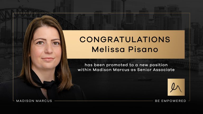 Professional announcement graphic featuring Melissa Pisano, promoted to Senior Associate at Madison Marcus, with a Sydney cityscape background and Madison Marcus branding.