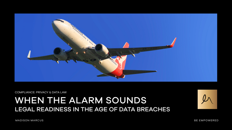 A Qantas aircraft in flight against a clear blue sky, used as the feature image for a Madison Marcus legal publication titled 'When the Alarm Sounds: Legal Readiness in the Age of Data Breaches,' focused on privacy, compliance and cybersecurity law