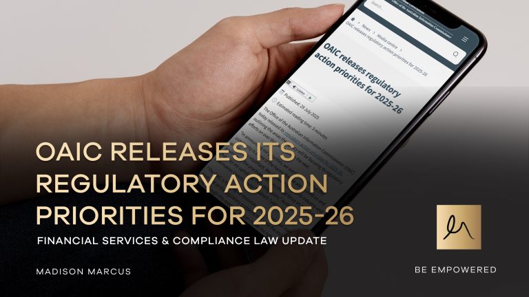 Hand holding smartphone showing OAIC 2025-26 regulatory priorities webpage with Madison Marcus gold M branding tile and Be Empowered tagline.