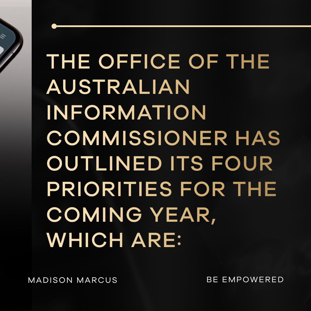 OAIC outlines four regulatory priorities for 2025-26 with Madison Marcus gold M branding tile and Be Empowered tagline.