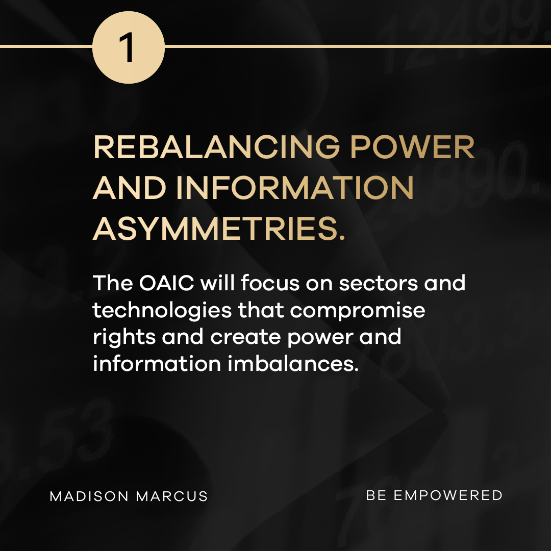 OAIC regulatory priority one on rebalancing power and information asymmetries with Madison Marcus gold M branding tile and Be Empowered tagline.