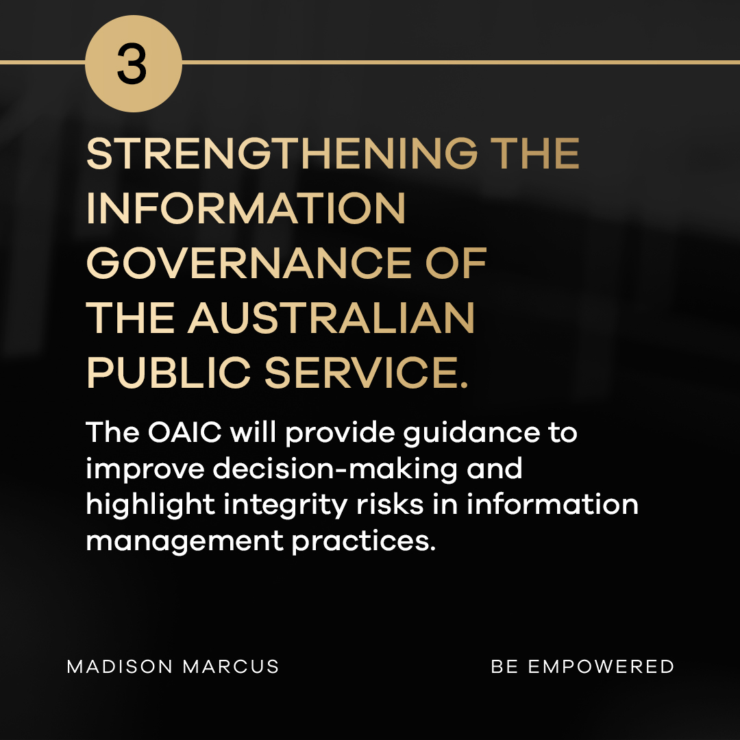 OAIC regulatory priority three on strengthening public service information governance with Madison Marcus gold M branding tile and Be Empowered tagline.
