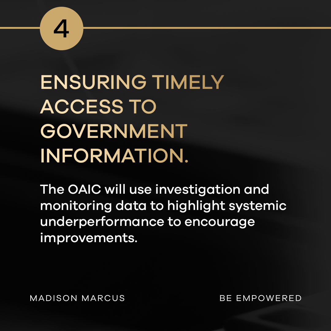 OAIC regulatory priority four on access to government information with Madison Marcus gold M branding tile and Be Empowered tagline.