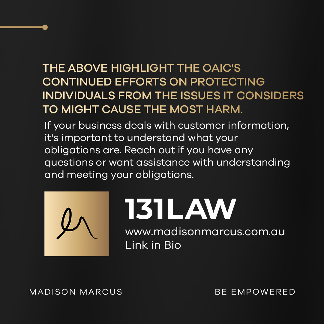 OAIC 2025-26 regulatory priorities summary with Madison Marcus gold M branding tile and Be Empowered tagline.