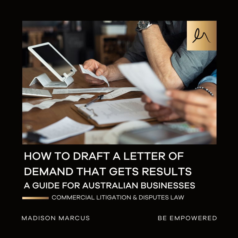 Business professionals reviewing invoices and documents at a desk, illustrating how to draft an effective letter of demand for Australian businesses – Madison Marcus Commercial Litigation & Disputes Law.