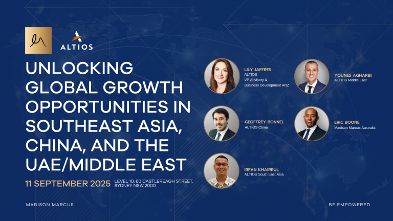 Event banner for Madison Marcus and ALTIOS roundtable, “Unlocking Global Growth Opportunities in Southeast Asia, China, and the UAE/Middle East,” held on 11 September 2025 in Sydney. Features speakers Lily Jaffres (ALTIOS ANZ), Younes Agharbi (ALTIOS Middle East), Geoffrey Bonnel (ALTIOS China), Irfan Khairrul (ALTIOS Southeast Asia), and Eric Boone (Madison Marcus Australia).
