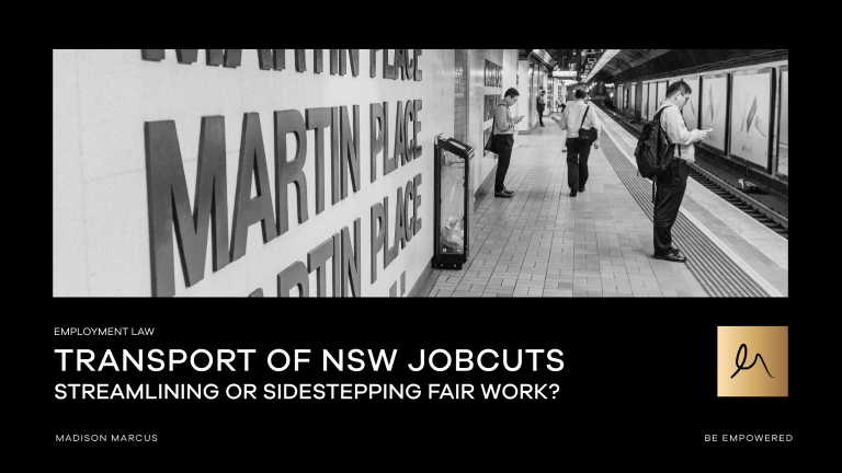Black and white photo of commuters waiting at Martin Place train station platform, accompanying Madison Marcus Employment Law article titled “Transport of NSW Job Cuts – Streamlining or Sidestepping Fair Work?”