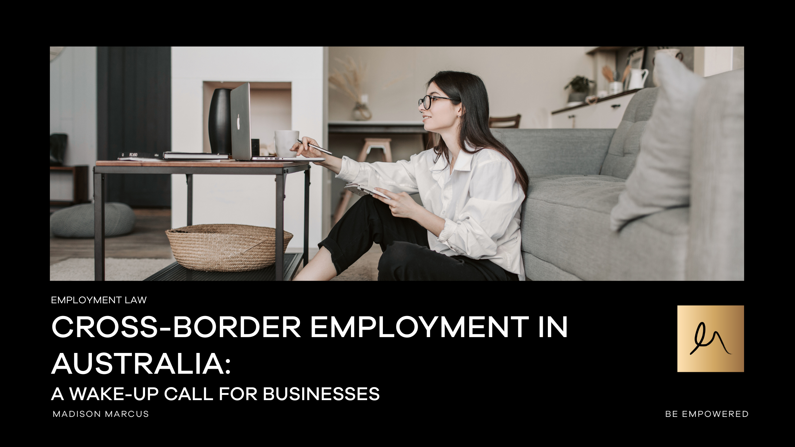 A professional works remotely from home using a laptop and notepad, symbolising cross-border employment, offshore labour arrangements and compliance risks in Australia.