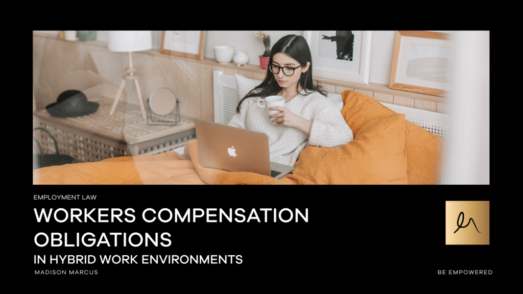 An employee works remotely from home using a laptop while seated on a bed, representing hybrid work arrangements and employer obligations for workers compensation outside the traditional office.