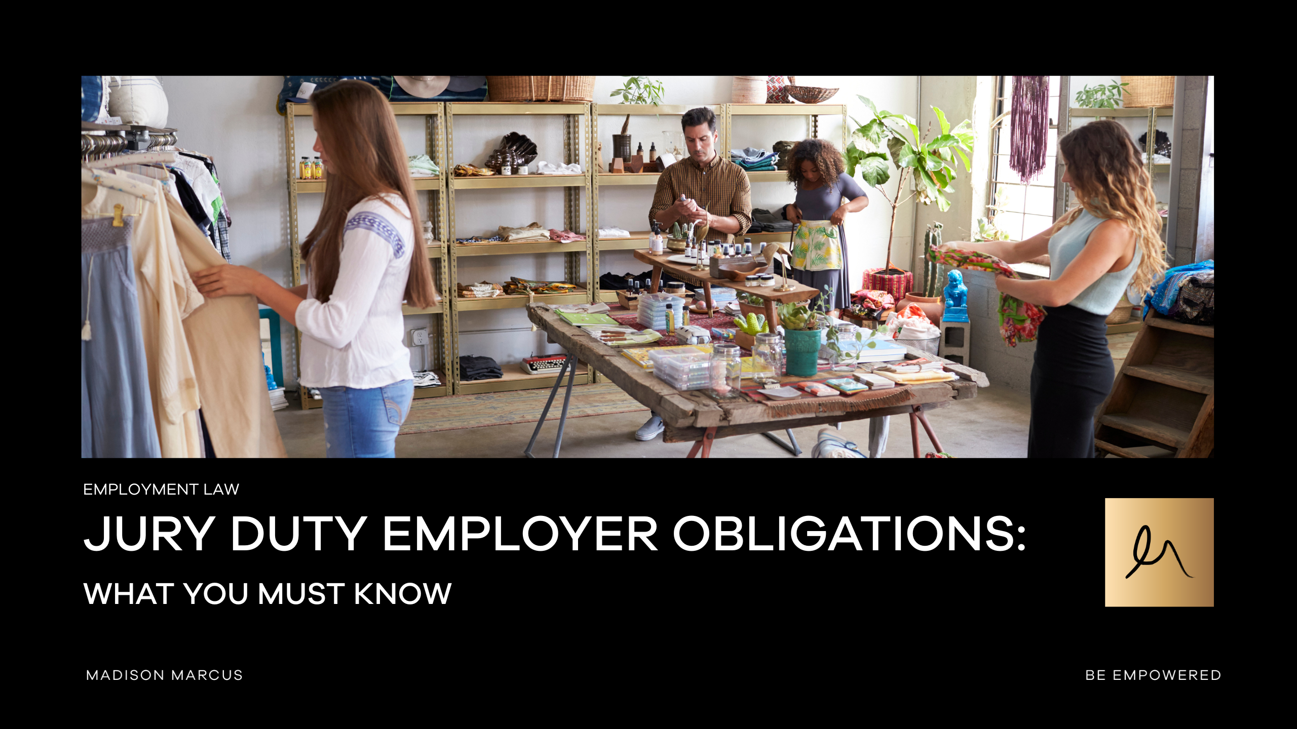 Employees work together in a small retail business environment, reflecting employer responsibilities when staff are required to attend jury duty.