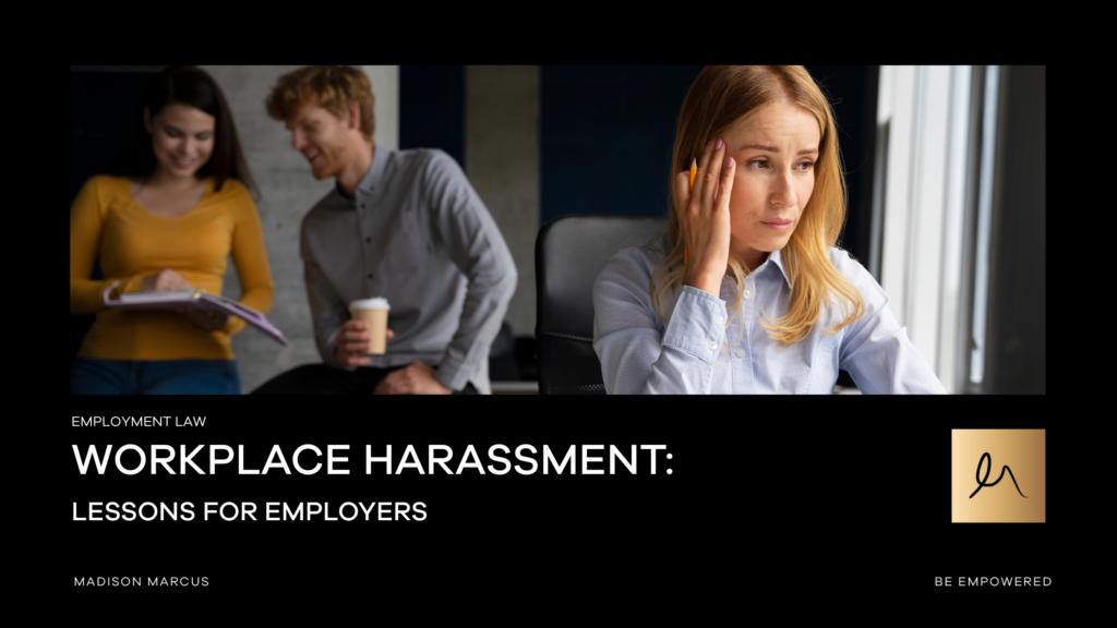 A professional woman sits at her desk looking distressed while two colleagues converse in the background, illustrating workplace harassment and the impact of inappropriate conduct on employees.